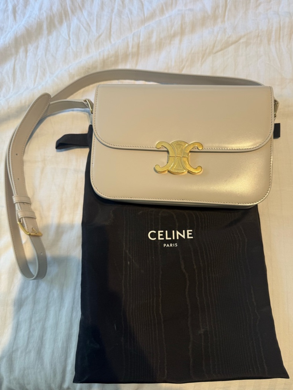 Celine Cream Leather Triomphe Crossbody with Gold Hardware